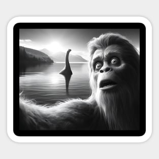 Funny Surprised Squatch Selfie with Loch Ness Monster Nessie Sticker